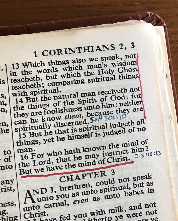 Bible open, 1 Corinthians 2 16, we have the mind of Christ, the jesus mindset, mindset of christ