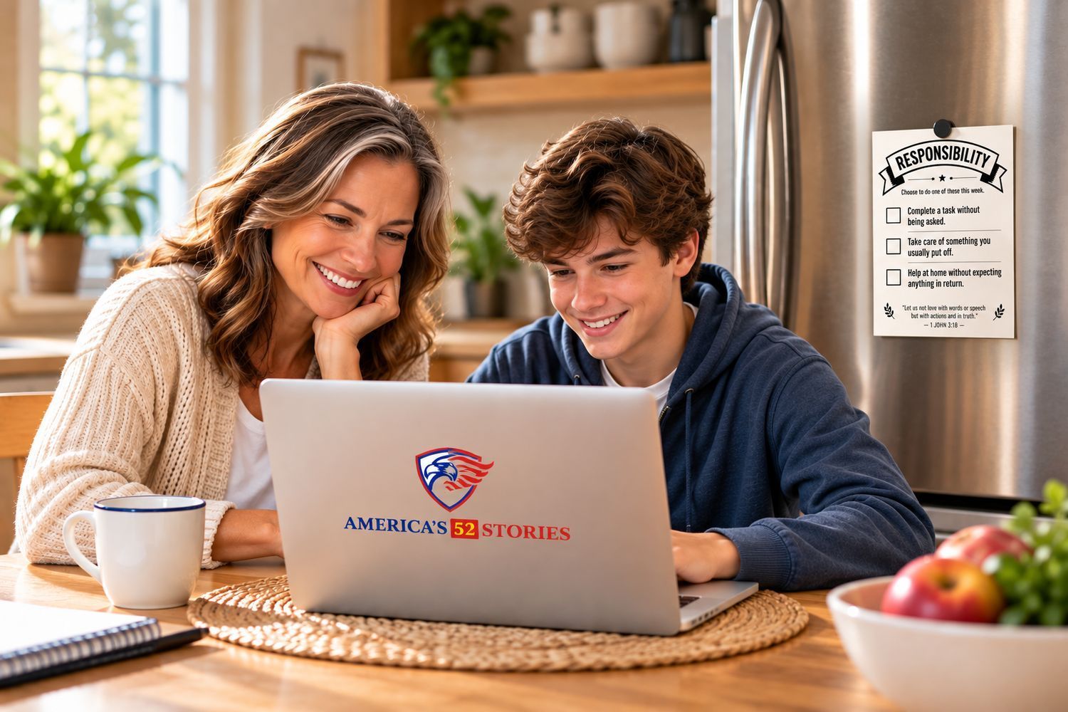 A mother and her teen son smiling as they watch an America's 52 Stories video on a laptop at the kitchen table, with a Responsibility printable on the fridge