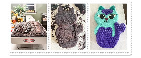 photo strip of making a cat mermaid cake