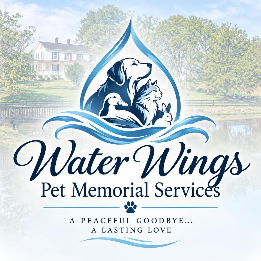 Water Wings Pet Memorial Services logo: a dog, cat, duck, and rabbit within a blue water drop, set over the Keaton estate with its white farmhouse, pond, and footbridge