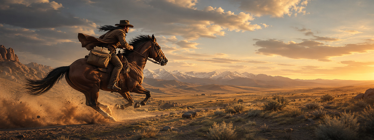 A lone rider crossing open frontier at sunset