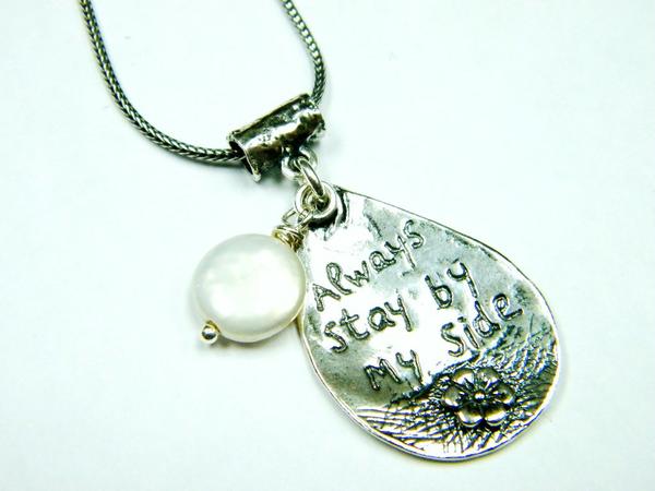 Pearl on silver necklace with love message