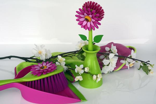 colorful dustpan and flowers