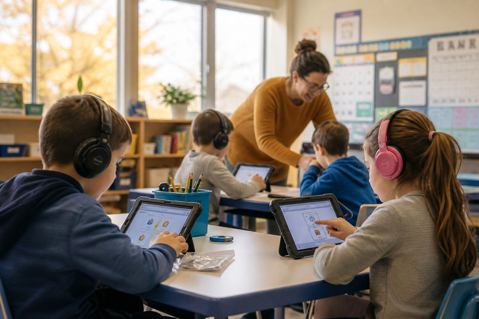 Primary school students wearing headphones, focused and smiling while working on tablets in a bright special-education classroom