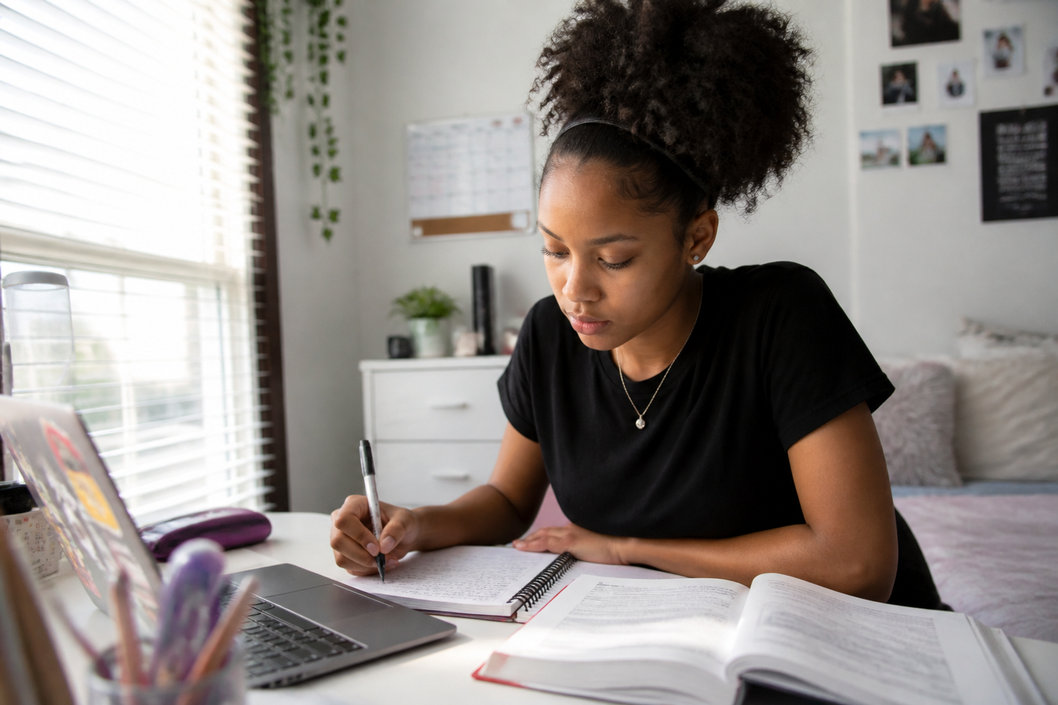A focused teenage girl studying at her desk at home