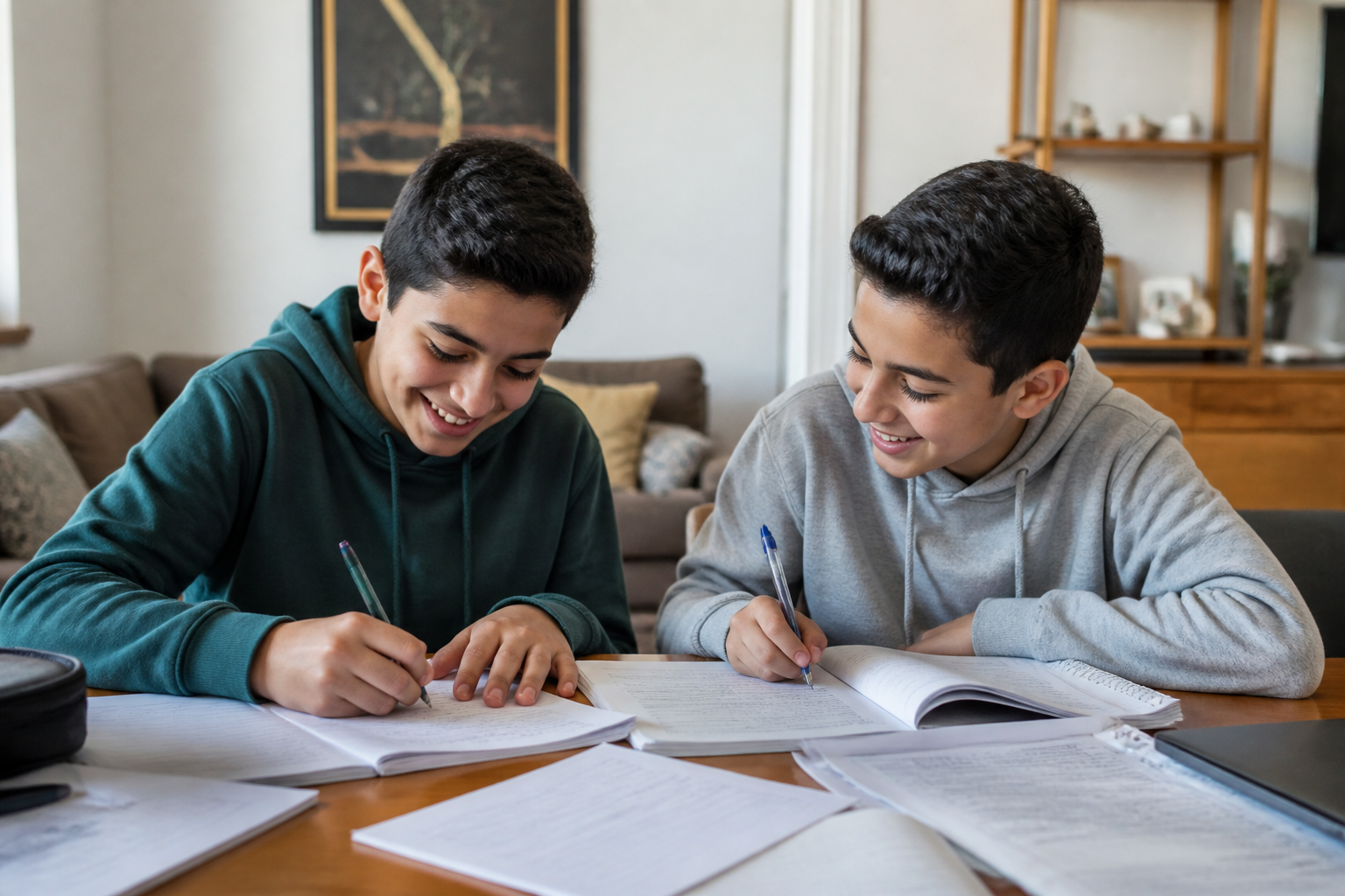 Twin boys smiling and doing schoolwork together