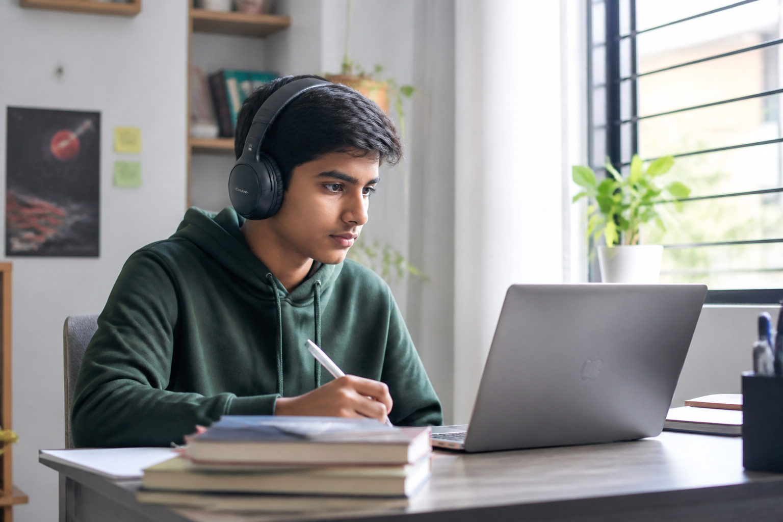 A confident teenage boy wearing headphones studying on a laptop