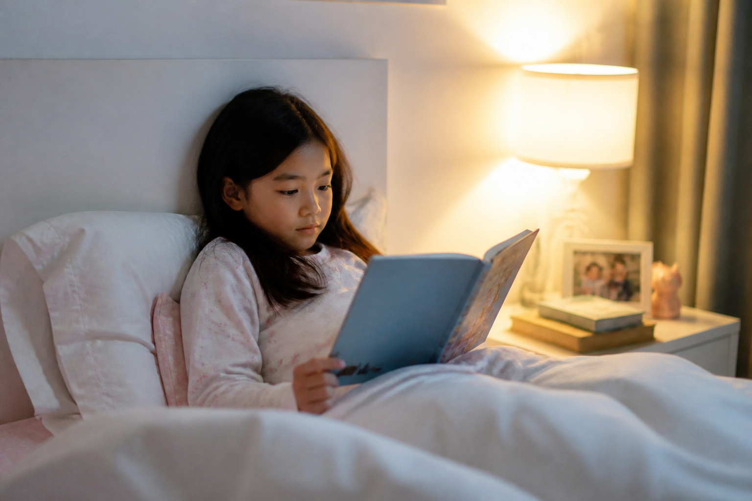 A young girl reading in bed by lamplight