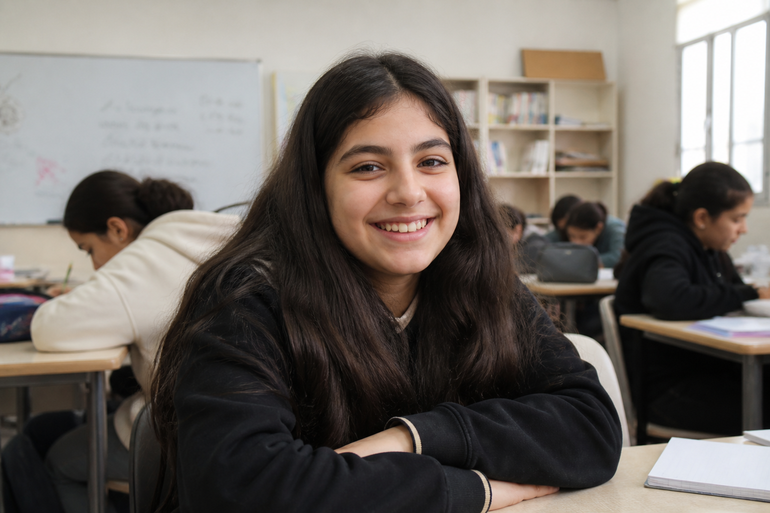 A smiling teenage girl seated in a bright classroom