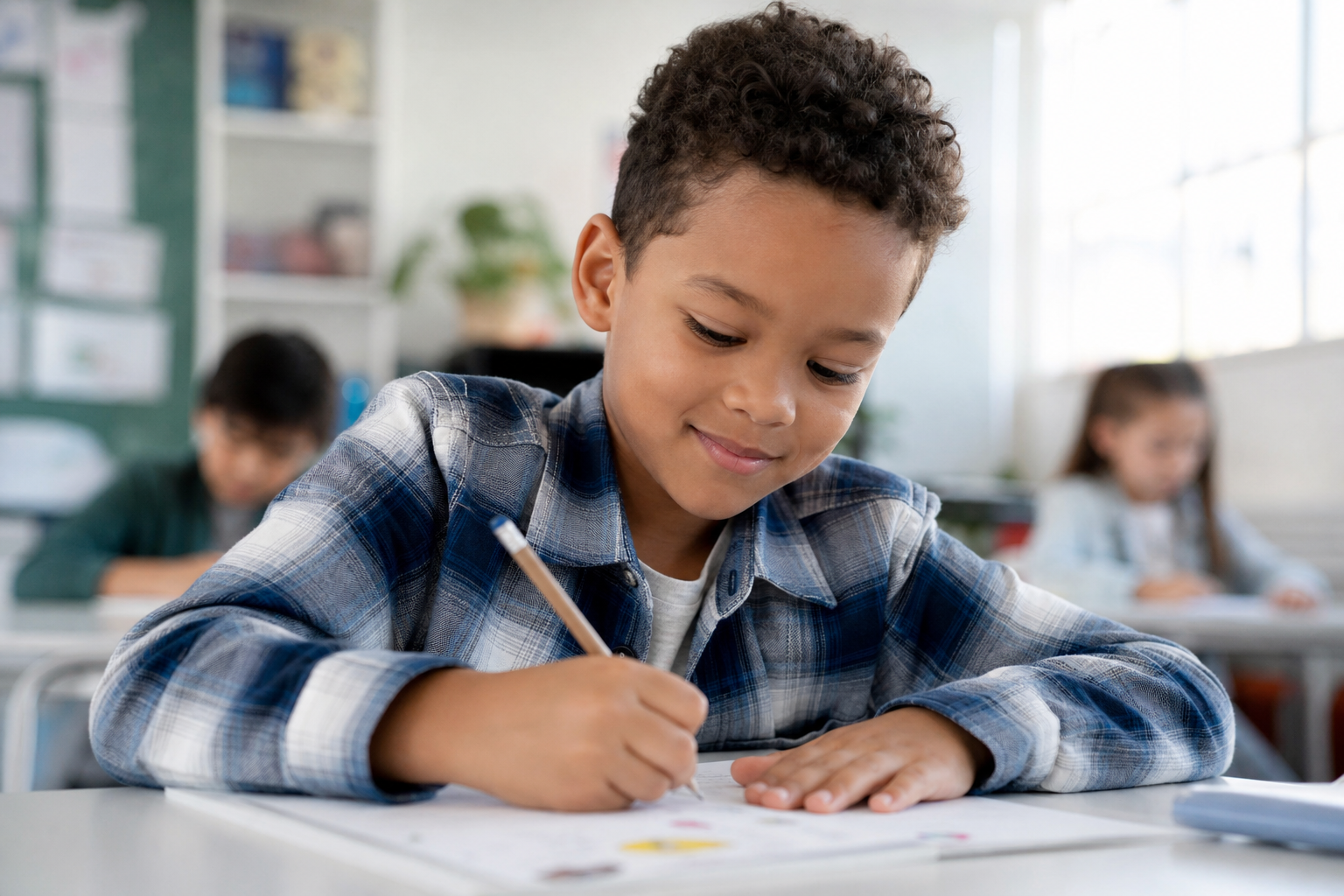 A boy concentrating at his school desk