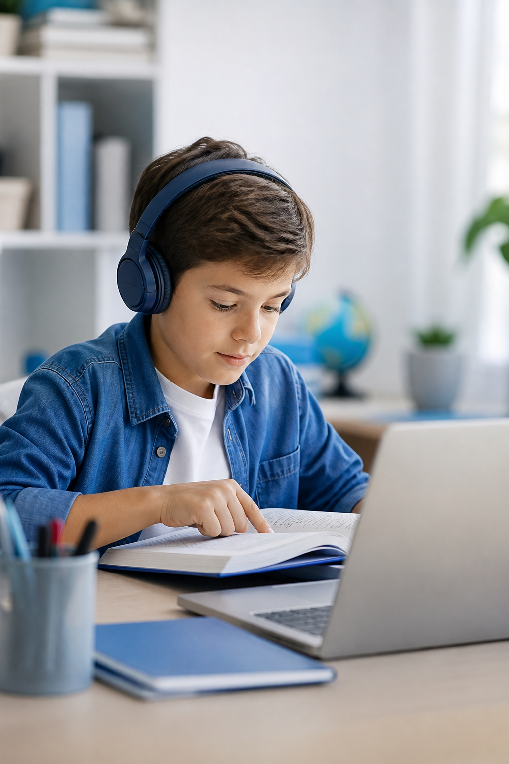 A focused school-age child reading with headphones while using the Neuron Learning program on a laptop