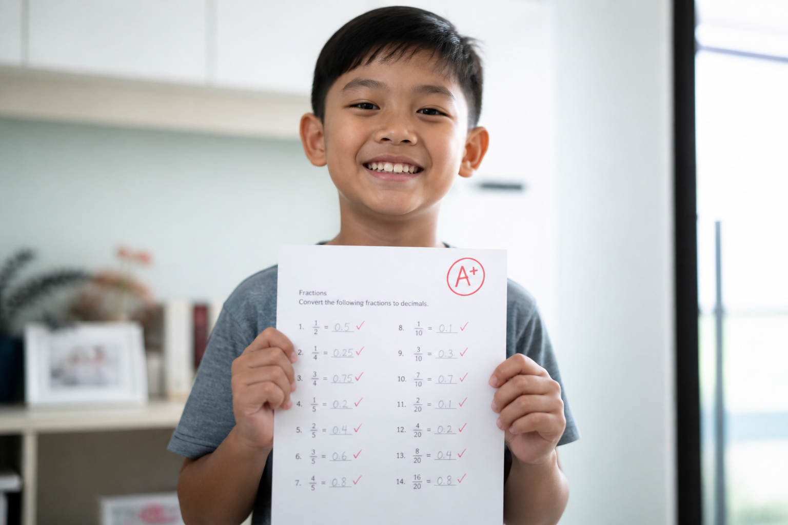 A proud boy holding up his schoolwork