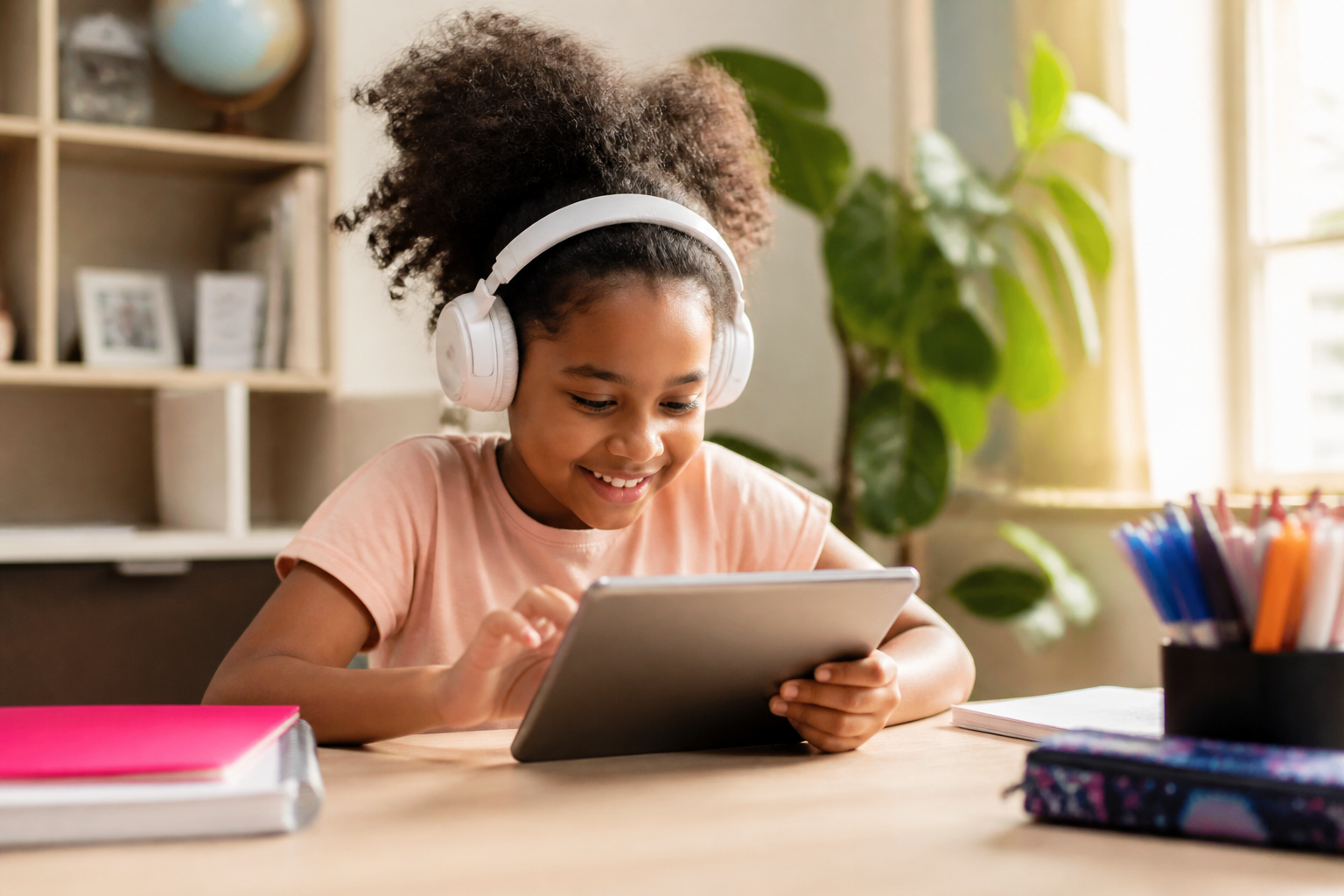 A smiling young girl wearing headphones using a tablet at a sunlit desk