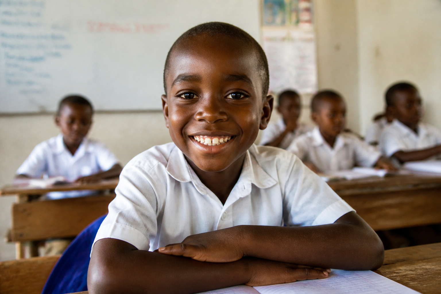 A happy young boy smiling at his desk in a bright classroom