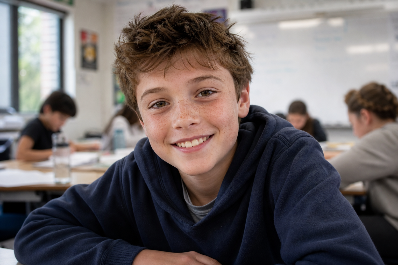 A cheerful boy with freckles smiling at his desk in a classroom
