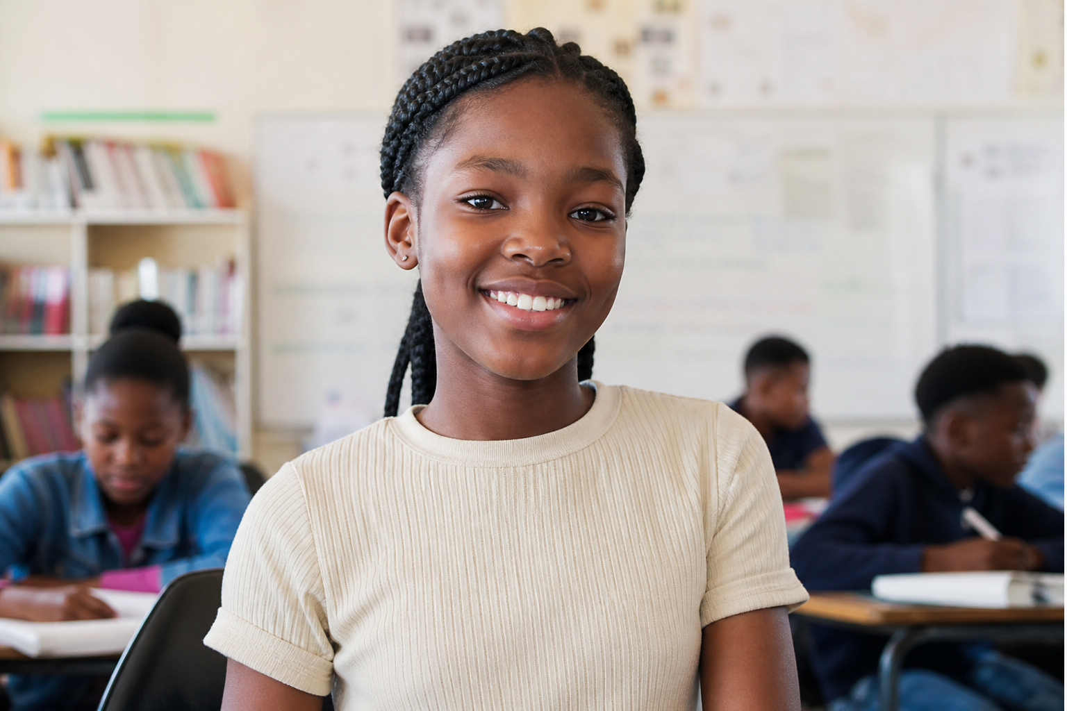 A confident girl with braided hair smiling in a bright classroom