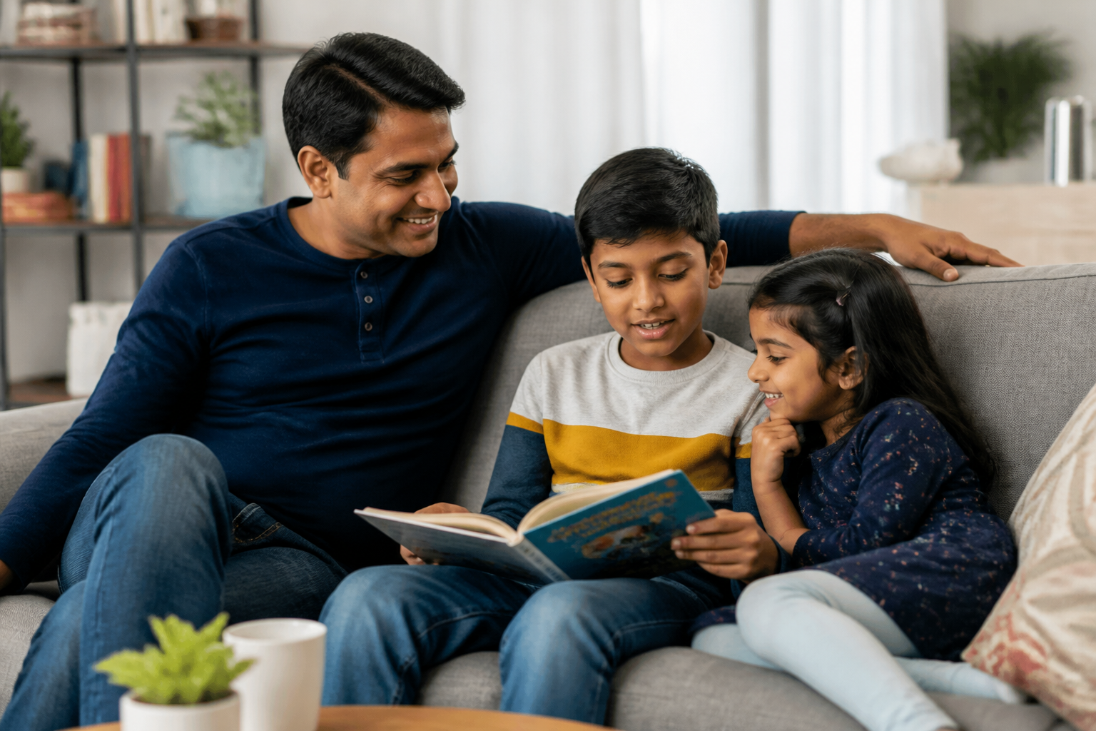 A father watches proudly as his son reads aloud to his little sister