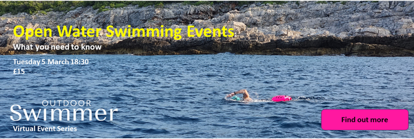 Swimmers in the sea with rocky cliffs behind