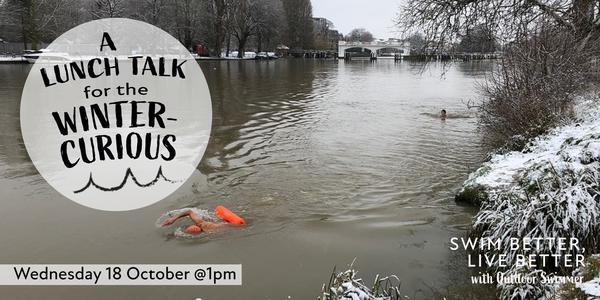 Event poster showing two people swimming in a river in winter