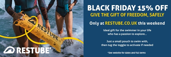 Restube Black Friday banner featuring swimmer holding restube