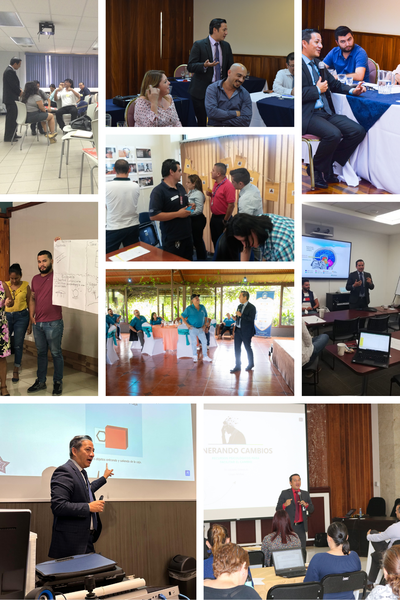 Dr. Eduardo Gómez Aguilar facilitando talleres y trabajando con equipos en distintas organizaciones