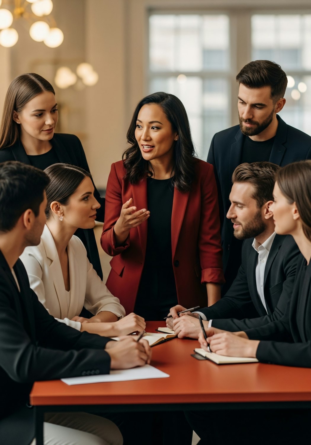 Facilitadora conduciendo una sesión de trabajo con un equipo profesional