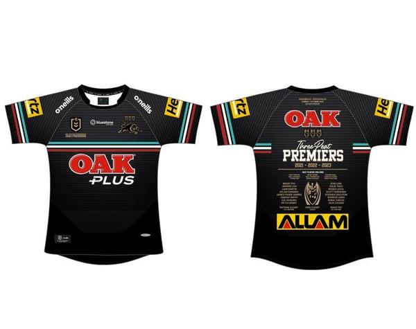 PRE ORDER $50 DEPOSIT - Penrith Panthers 2023 NRL Three-Peat Premiers Back To Back To Back Mens Adult Jersey Team Names Score Ground (FULL PRICE $159.99)