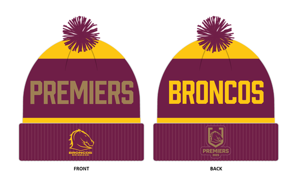 PRE ORDER - Brisbane Broncos 2025 NRL Premiers Adult Beanie Winter Hat With Pom Pom (FULL PRICE - $29.99)