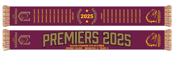 PRE ORDER - Brisbane Broncos 2025 NRL Premiers Adult Scarf Player Names Score Ground (FULL PRICE - $44.99)