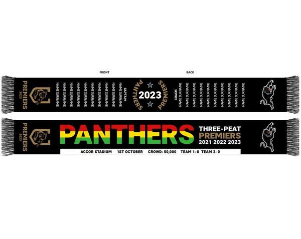 Penrith Panthers 2023 NRL Three-Peat Premiers Back To Back To Back Adult Scarf Team Names Score Ground