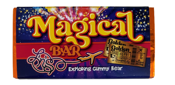 Exploding Gummy Bear White Chocolate Magical Bar 50g Bar - FIND A GOLDEN BOARDING PASS FOR A CHANCE
TO WIN A FAMILY TRIP TO ANY DISNEYLAND ANYWHERE IN THE WORLD (Wonka Bar Replacement)