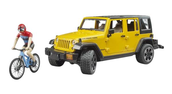 Bruder Jeep Wrangler Rubicon Yellow With Mountain Bike And Cyclist 1:16 Scale Plastic Model