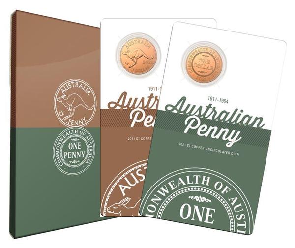 2021 110th Anniversary of the Australian Penny 1911-1964 $1 Copper Uncirculated Two Coin Set Royal Australian Mint RAM