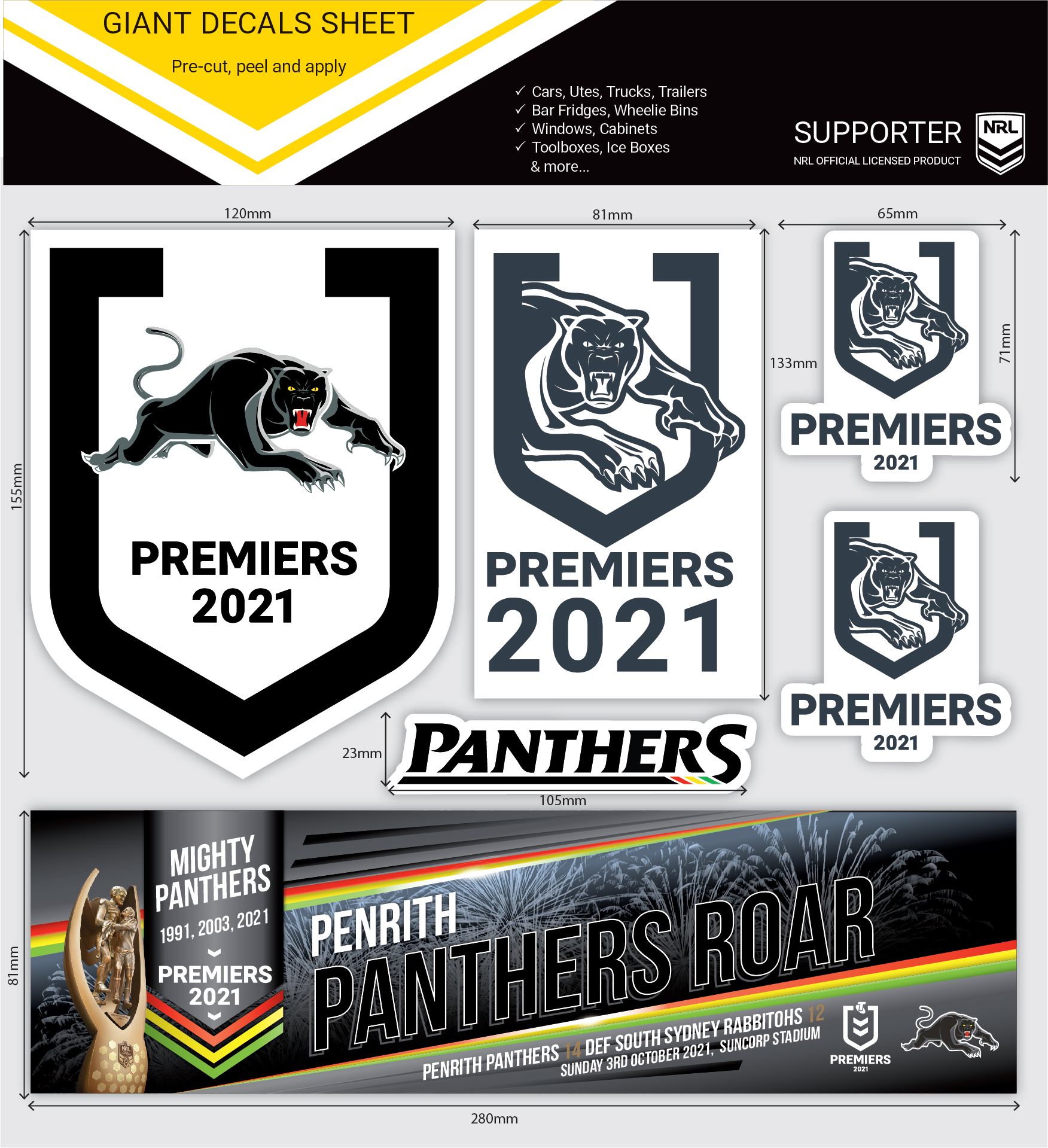 Penrith Panthers 2021 NRL Premiers Giant Decals Sheet Set of 6 Stickers