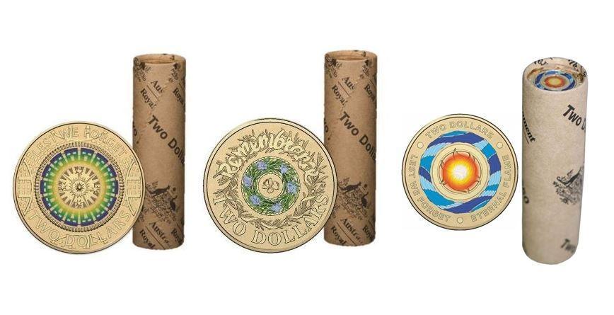 Set Of 3 ANZAC & Remembrance Day $2 Coloured 'C' Mintmark Uncirculated Coin Rolls