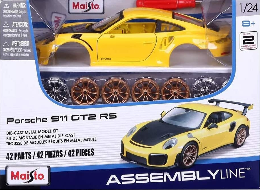 Maisto Assembly Line Porsche 911 GT2 RS Yellow 42 Piece 1:24 Scale Die Cast Metal Kit Model Car