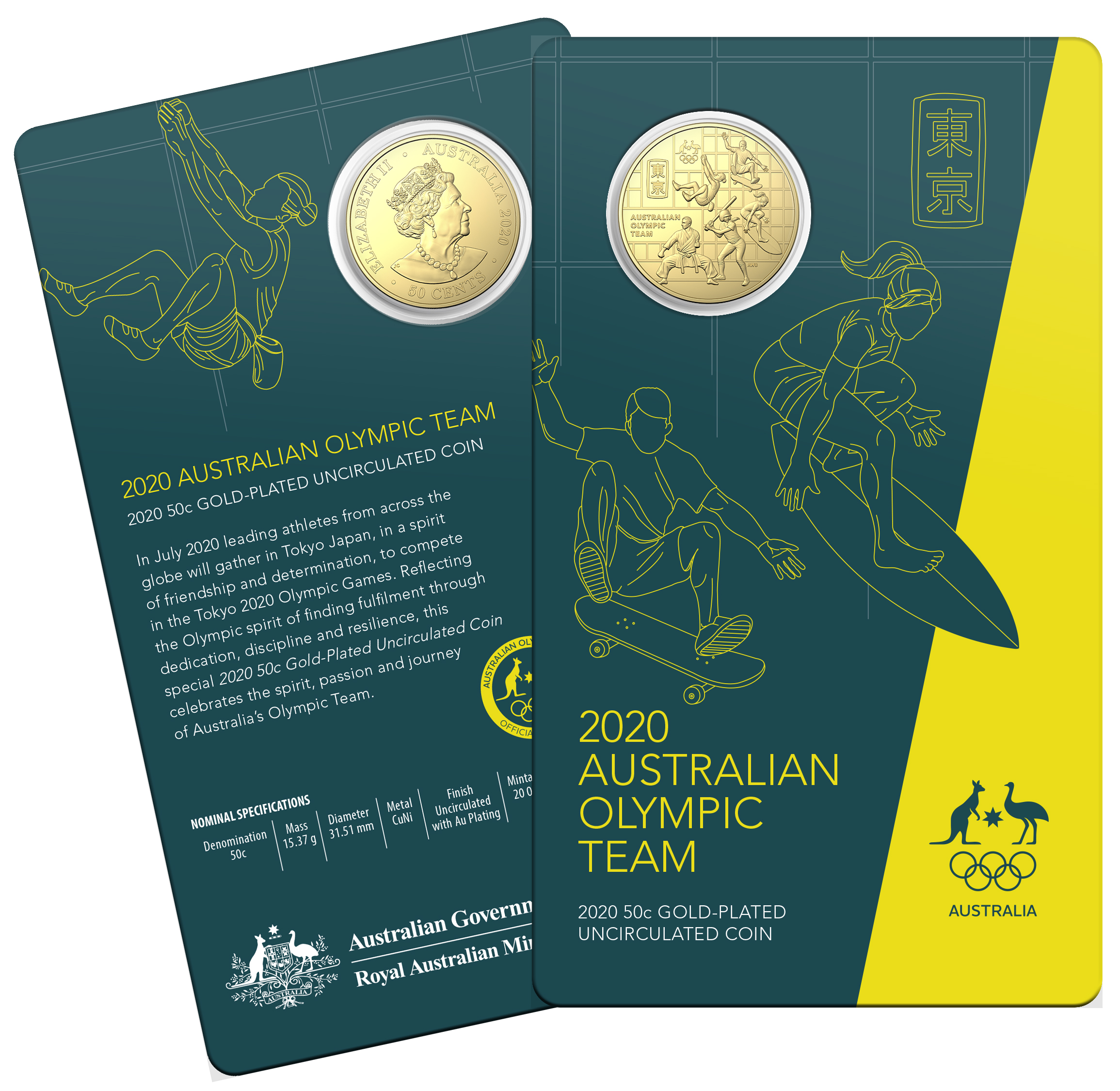 2020 50c Australian Olympic Team Round  Gold Plated Uncirculated Coin