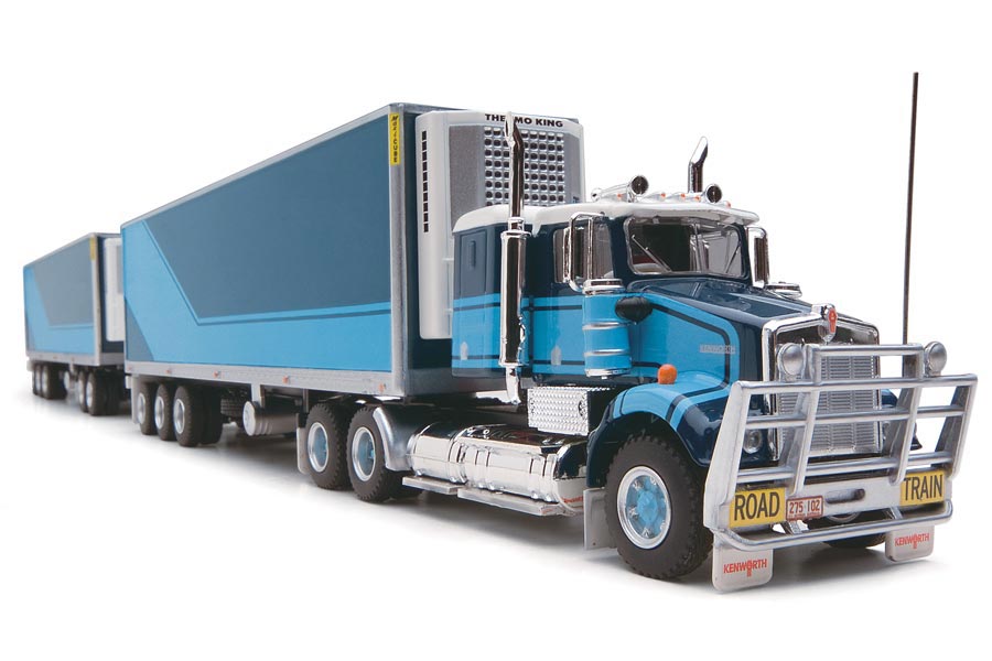 Highway Replicas Blue Kenworth Freight Road Train Prime Mover Die Cast Model Truck With Additional Trailer & Dolly 1:64 