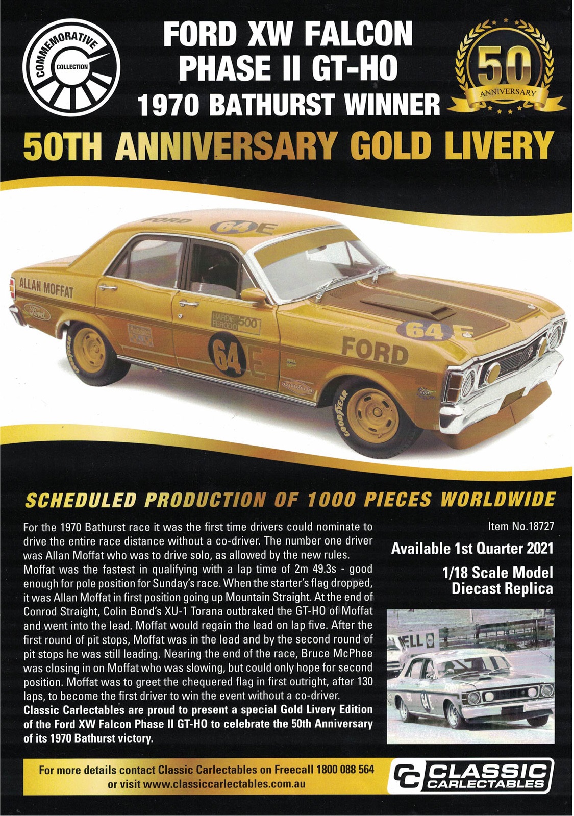 PRE ORDER - 1970 Bathurst Winner Gold Livery 50th Anniversary Edition Allan Moffat #64E Ford XW Falcon 1:18 Scale Model Car (FULL PRICE - $289*)
