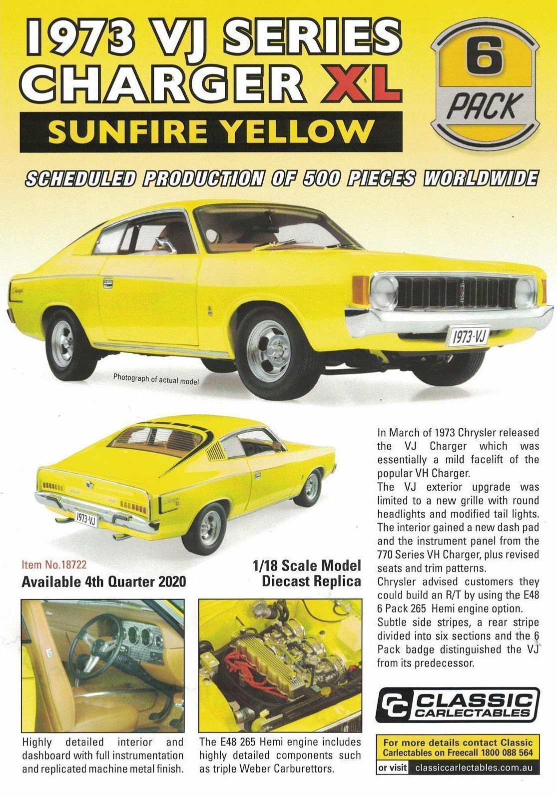 PRE ORDER - 1973 Chrysler VJ Series Charger XL Sunfire Yellow 1:18 Scale Model Car (FULL PRICE - $279.00*)