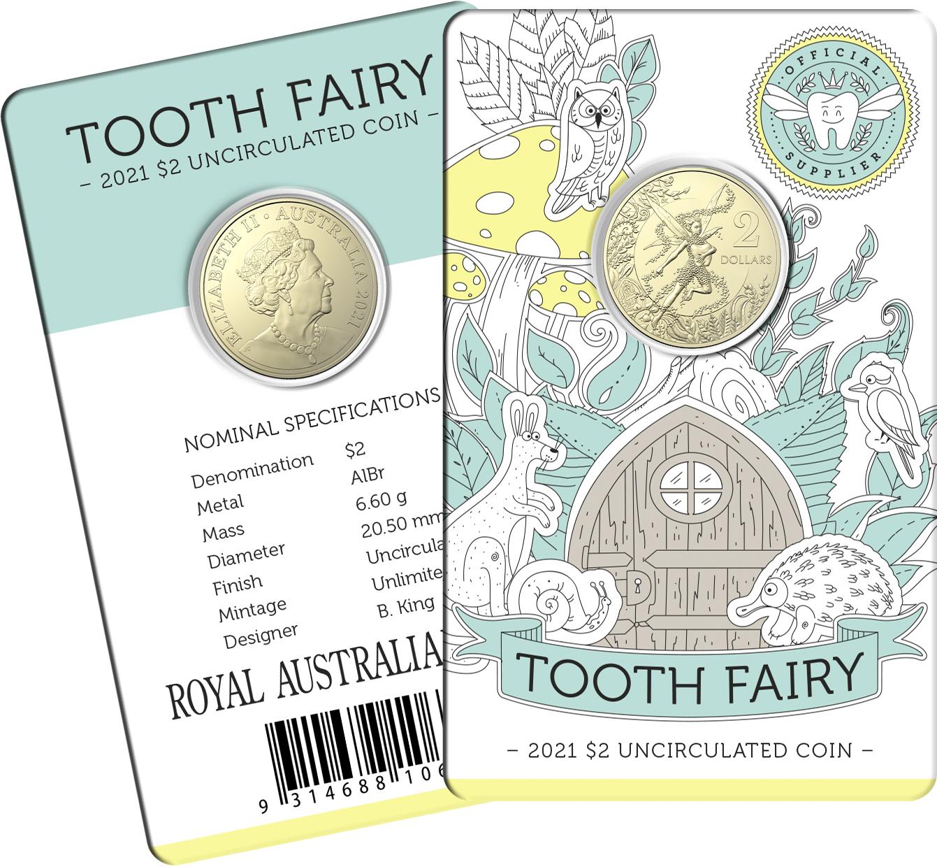 2021 Tooth Fairy $2 AlBr Uncirculated Coin in Card