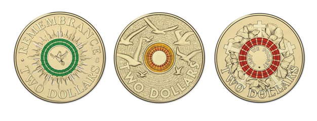SET OF 3 $2 UNCIRCULATED REMEMBRANCE ANZAC COINS COLOUR PRINTED FROM ROLL