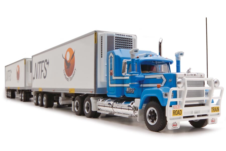 Highway Replicas NTFS Mack Freight Road Train Blue and White Die Cast Model Truck With Additional Trailer & Dolly 1:64 