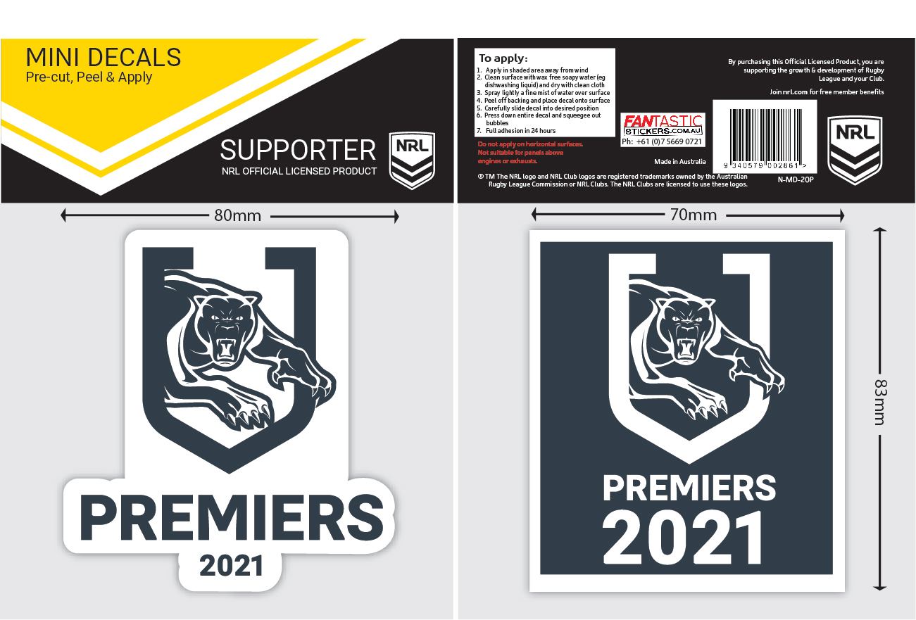 Penrith Panthers 2021 NRL Premiers Set of 2 Mini Decals Stickers