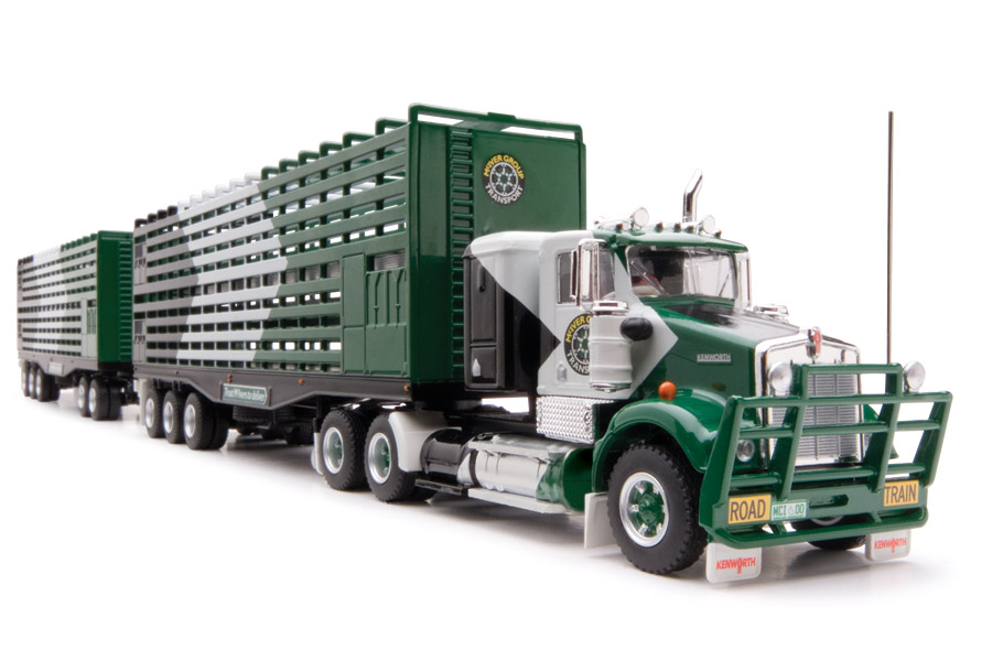 Highway Replicas Livestock Road Train Green With McIver Group Transport Kenworth Die Cast Model Truck With Additional Trailer & Dolly 1:64 