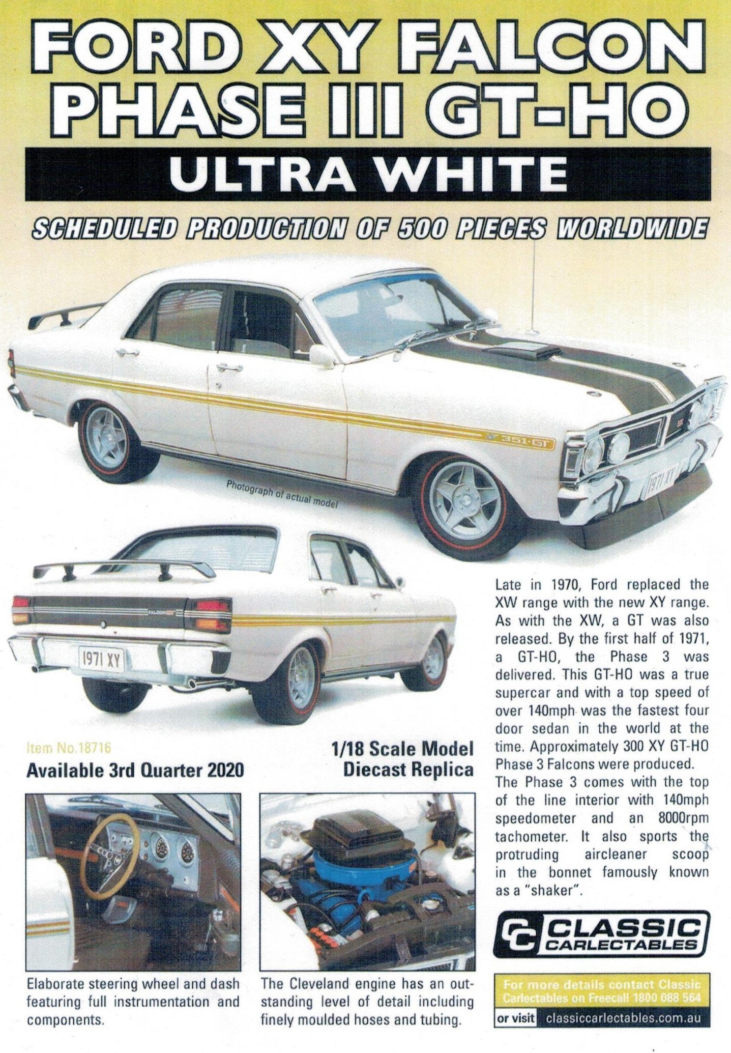 PRE ORDER - Ford XY Falcon Phase III GT-HO Ultra White 1:18 Scale Model Car (FULL PRICE - $279)