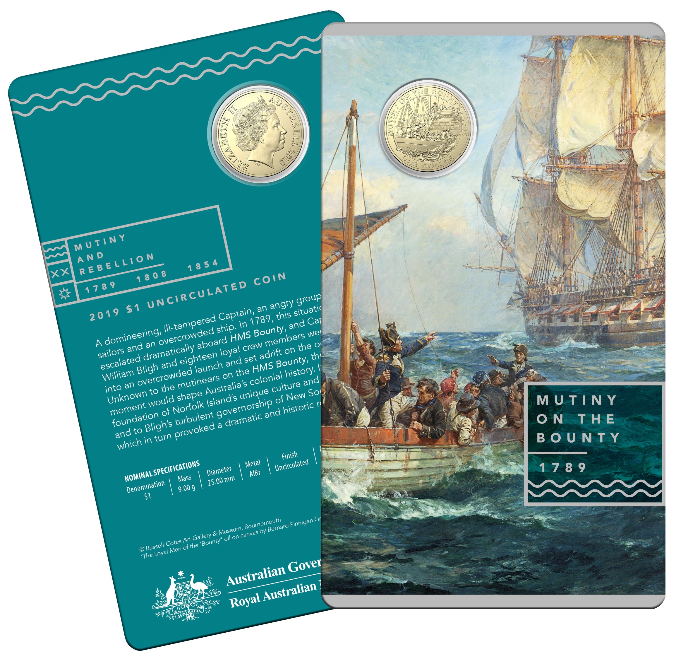 2019 $1 Mutiny On The Bounty Uncirculated Coin On Card 