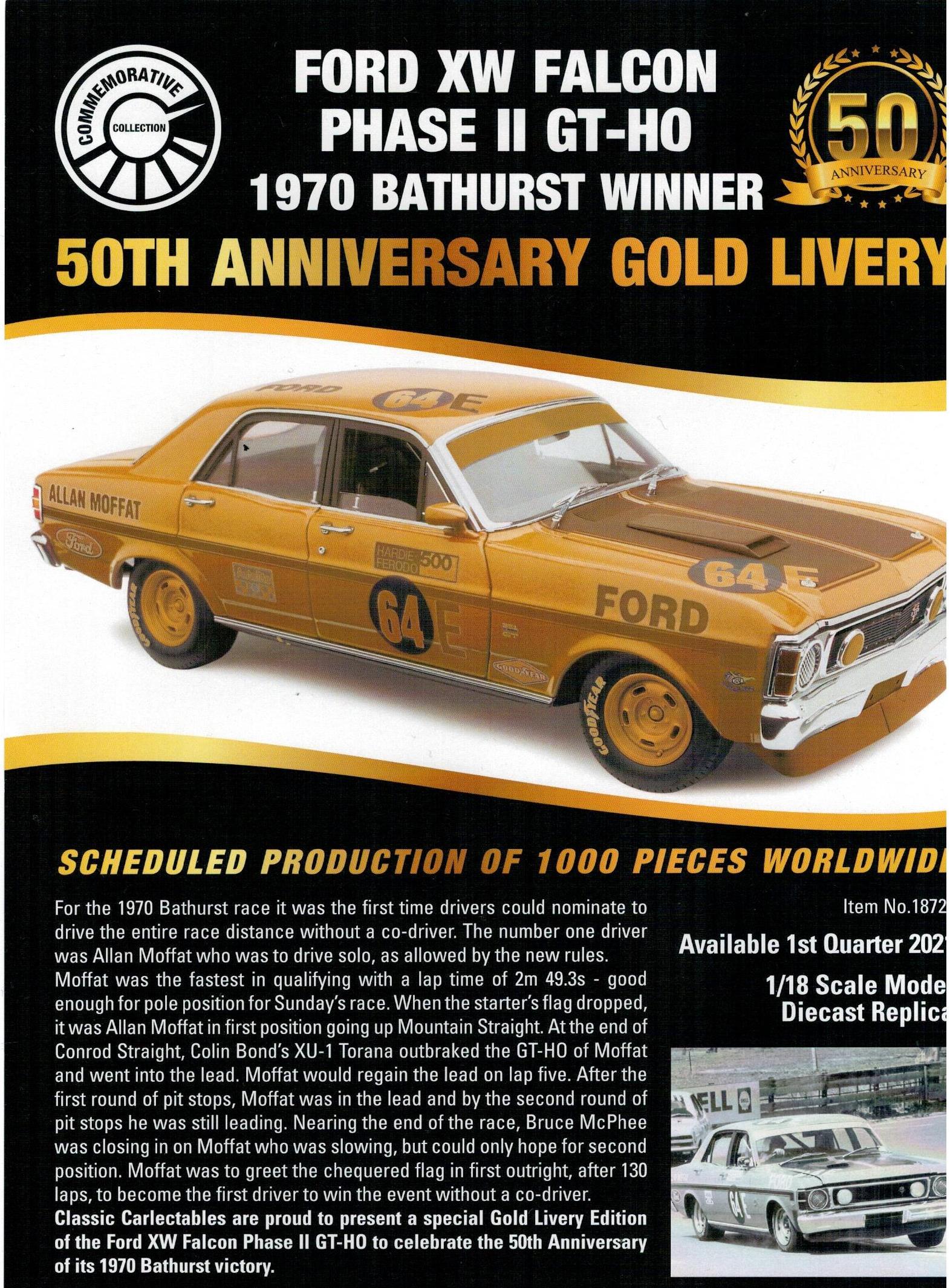 1970 Bathurst Winner Gold Livery 50th Anniversary Edition Allan Moffat #64E Ford XW Falcon 1:18 Scale Model Car