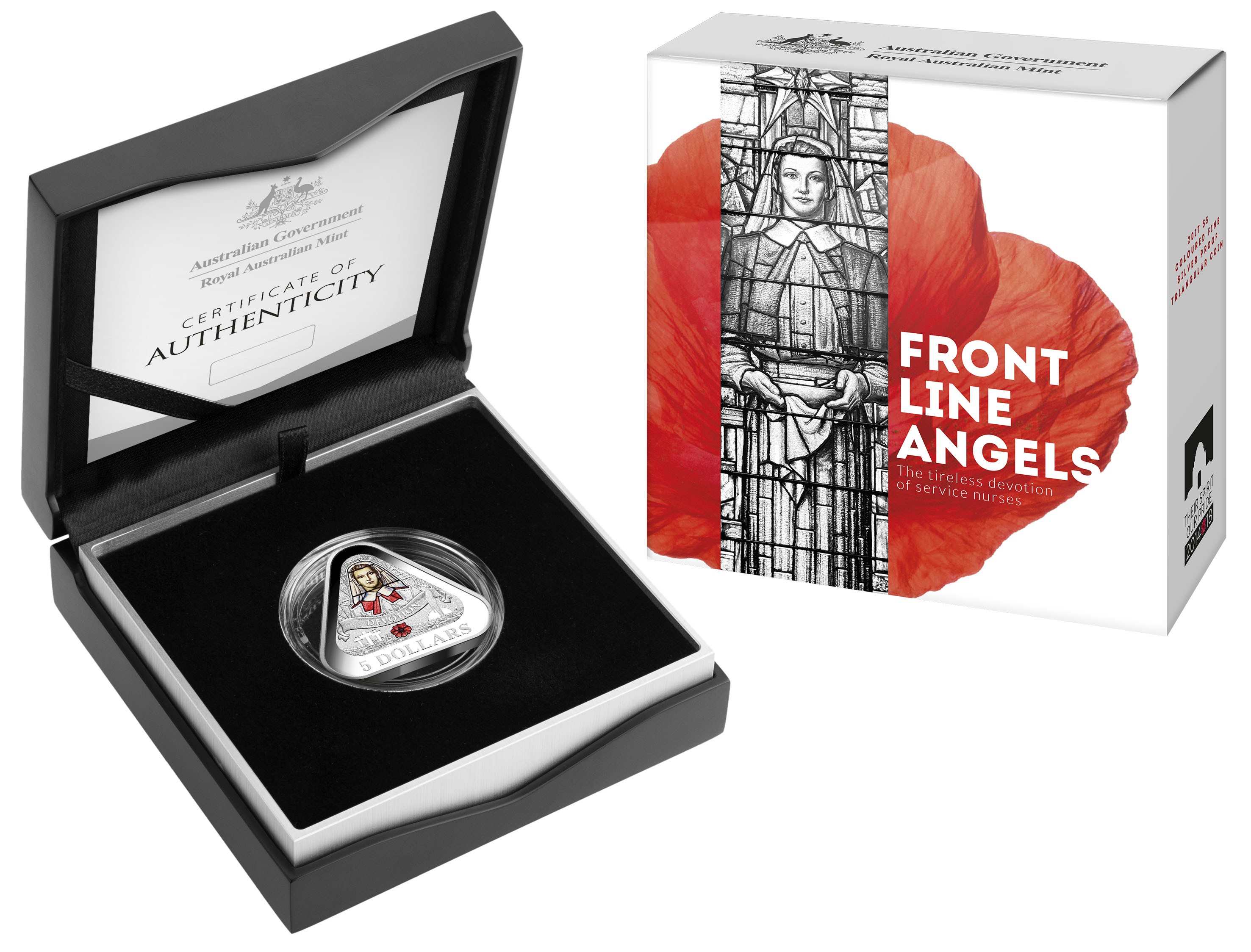 2017 Front Line Angels ANZAC $5 Coloured Fine Silver Proof Triangular Coin Royal Australian Mint RAM