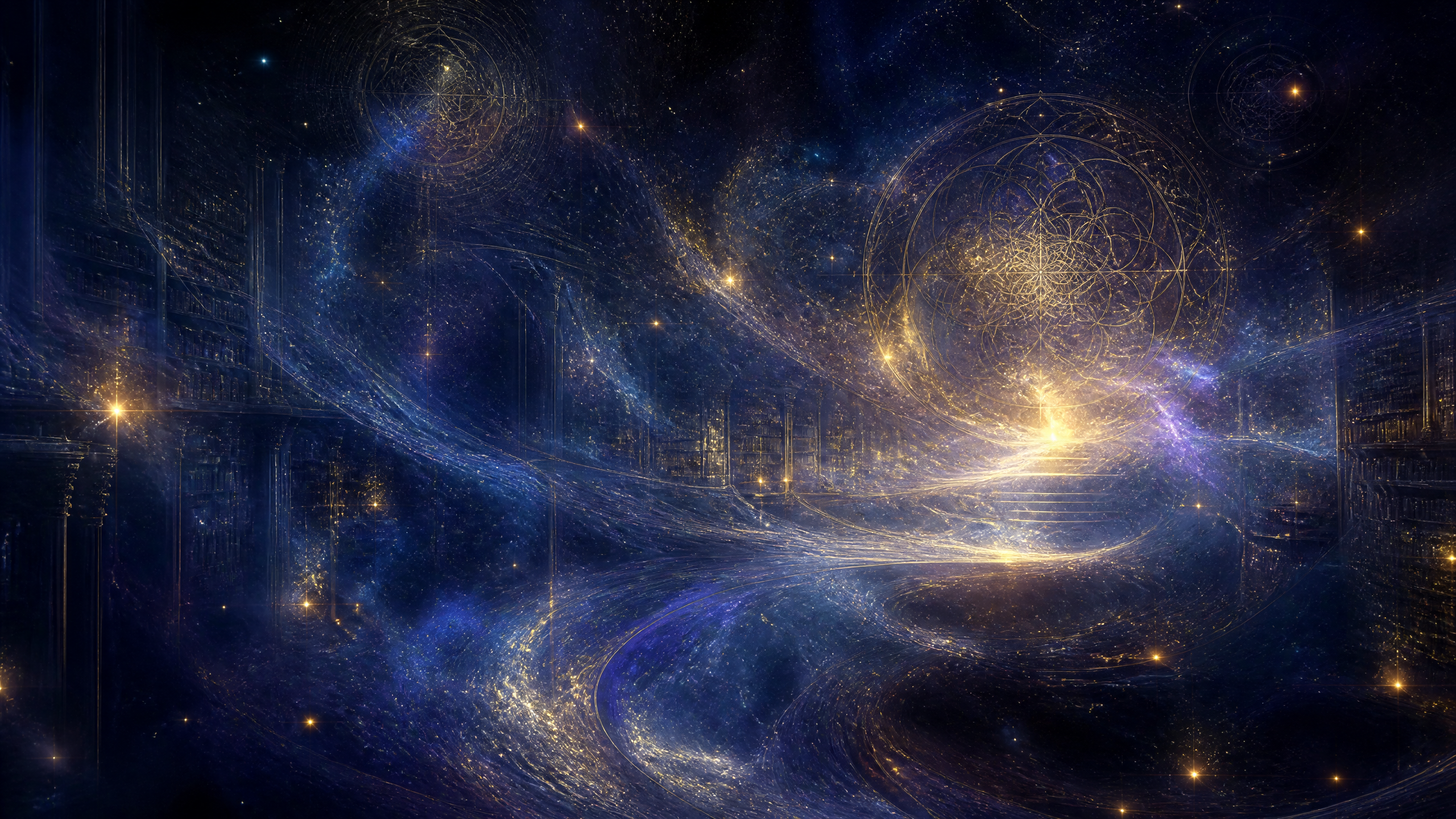 A starry night sky of deep indigo and gold over a calm mountain lake.
